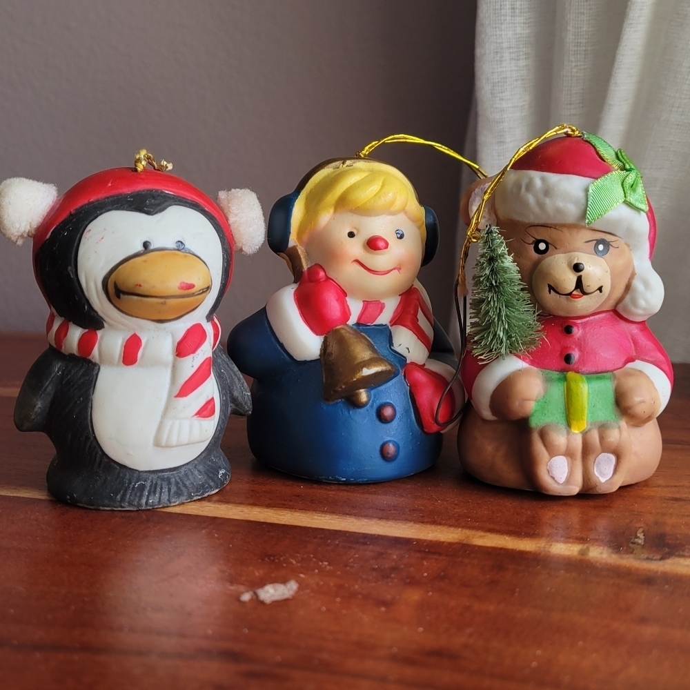 1985 Lot 3 Jasco BearSanta Claus Penguin Boy with Bell Christmas Bells Ornament